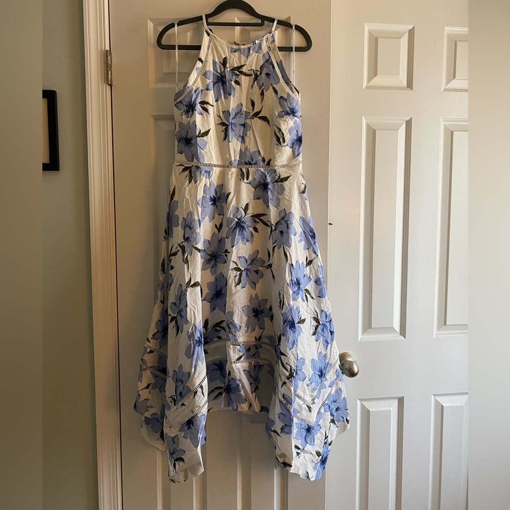 Lulu's White Midi Dress with Blue Floral Print